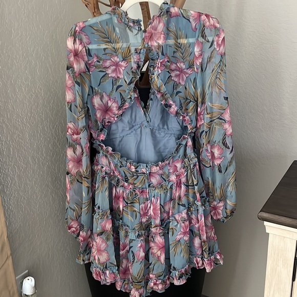 Blue pink chiffon ruffle open back sexy sun dress sheer mini - Picture 9 of 11